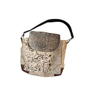 Myra Bag, Cowhide Gray Fur Hair Shoulder Bag Purse Tan Canvas Paisley, Zip Close